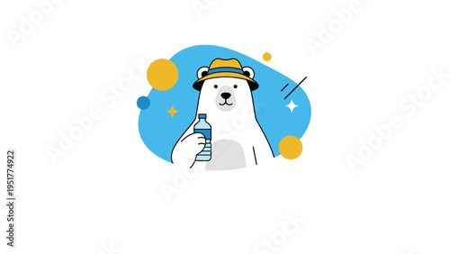 Cute polar bear character wearing a summer hat and holding a bottle of water on a blue abstract background design.