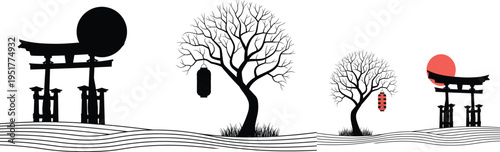 Japanese torii gate landscape with tree lantern sun silhouette asian culture flat vector cad drawing illustration minimal design