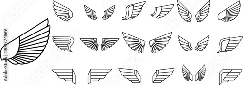Wing logo collection line art feather emblem set minimal outline vector cad drawing illustration modern badge design elements