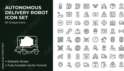 Autonomous delivery robot icon set line style editable stroke vector collection for logistics technology apps and smart transportation design