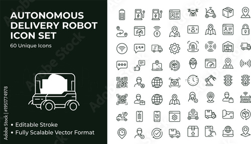 Autonomous delivery robot icon set with logistics transportation technology symbols for mobile apps websites interfaces and digital services