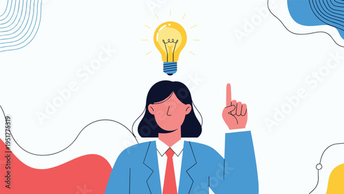Businesswoman with a bright glowing light bulb above her head representing a new creative idea or innovative solution.