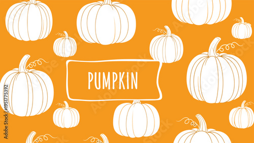 Seasonal pattern displays white outlines of pumpkins on a bright orange background with a label containing the word pumpkin.