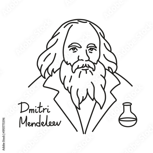Vector hand drawn portrait of the great scientist in chemistry Dmitri Mendeleev in jacket with a chemical flask. Line illustration of the head of the famous Russian chemist and professor, inventor of