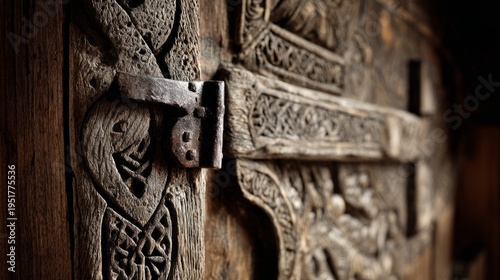 Close-up side view of an ancient wooden door, showcasing intricate carvings on the door jamb and a heavy metal hinge. Textured wood grain, detailed craftsmanship, soft directional light.
