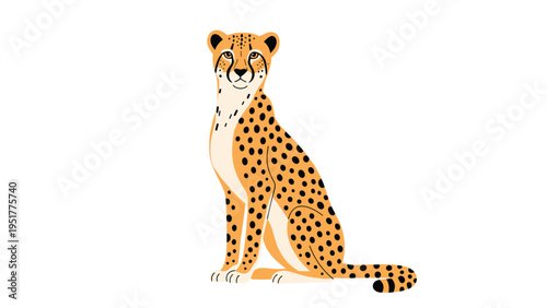 Elegant cheetah sits upright in a calm pose showing its distinctive spots and slender body against a plain white background.