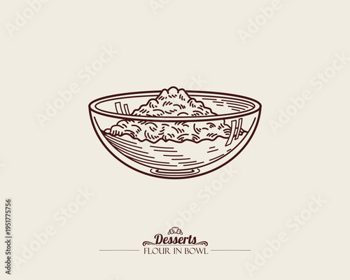 Transparent glass bowl with white powder. Flour, powdered sugar, starch in a bowl.  Line art Illustration, sketch style.