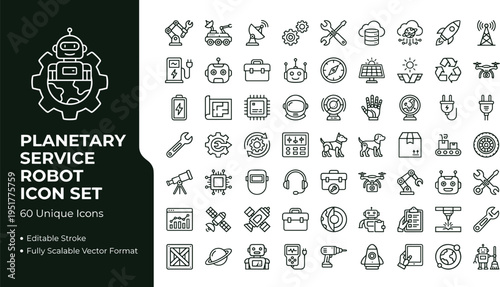 Planetary service robot icon set with space exploration robotics automation technology symbols for mobile apps websites dashboards and digital platforms