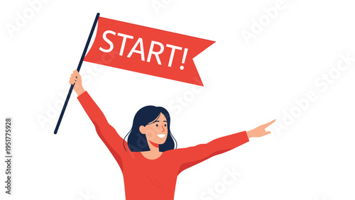 Enthusiastic woman holding a red start flag and pointing forward to lead the way for a new project or professional race.