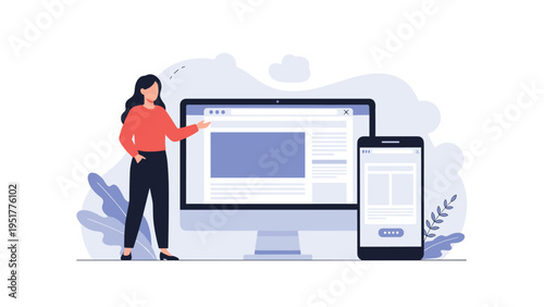 Woman pointing at a large desktop monitor and a smartphone to present responsive web design interfaces for developers.
