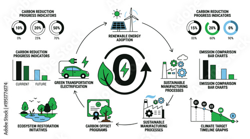 A circular diagram showing the process of reducing carbon emissions