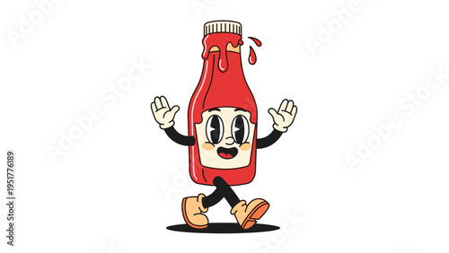 Funny ketchup bottle character with arms and legs walks joyfully with a splash of red sauce on top in a classic cartoon style.