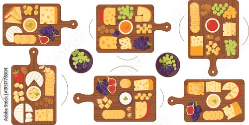 Cheese Board Platter Illustration Set with Crackers, Grapes, Nuts and Dips, Gourmet Appetizer Serving Collection for Restaurant Menu and Food Design