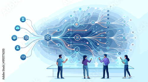 Conceptualization of a complex neural network system and its intricate connections visualized by a group of people gathered around a table
