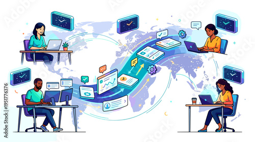 Global business collaboration and data analysis, visualizing growth and remote teamwork across continents with digital interfaces