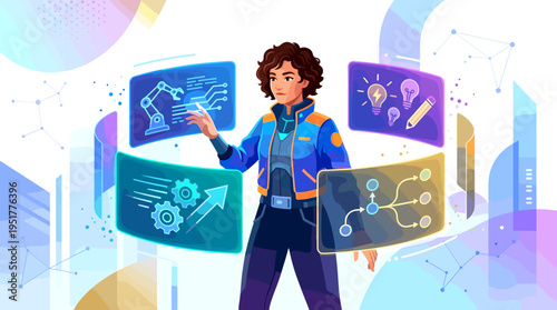 Visionary engineer navigating intricate holographic interfaces to conceptualize and optimize advanced technological solutions for digital transformation and innovation