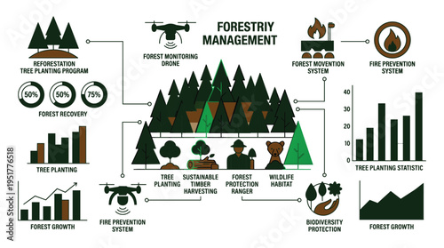 Forestry management includes reforestation and fire prevention