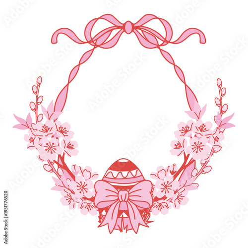 Spring floral Easter egg frame in doodle style with ribbons, bows, flowers and willow branches in pink and red tones. Decorative illustration ideal for greeting cards, banners and holiday designs.