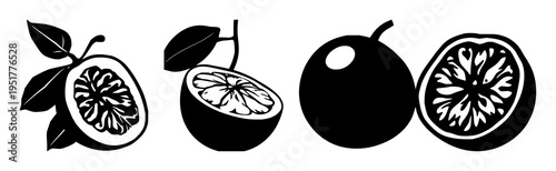 Passion fruit set with half exposed and close‑up of a seed‑filled core rendered in solid black lines featuring exotic superfruit, tropical flavour, bold illustration with texture and contrast