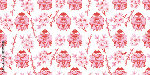 Elegant Easter seamless pattern in coquette style with bows, decorated eggs, cherry blossoms and willow branches. Pink and red line art vector repeat perfect for textile design and holiday decor.