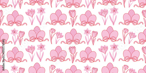 Seamless Easter floral pattern in soft pink tones on white background. Eggs with bows, tulips and daffodils in line art style. Repeat design ideal for festive textile printing and wrapping paper.