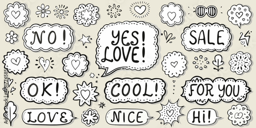 Hand drawn doodles with speech bubbles and positive affirmation messages