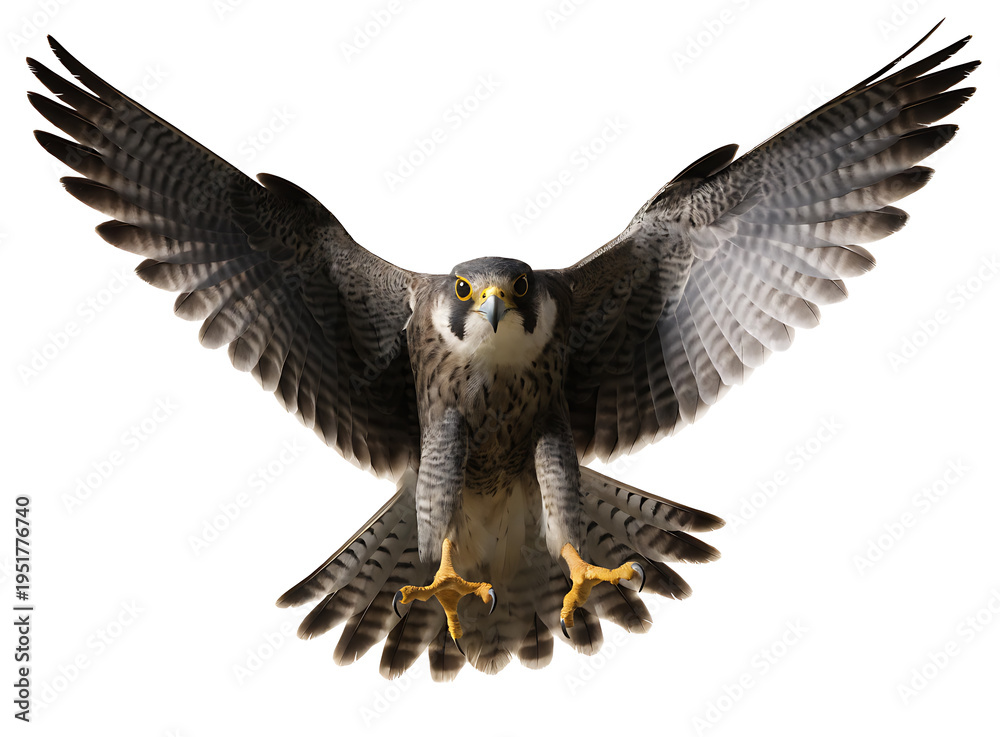 Fototapeta premium Peregrine falcon flying with wings spread wide and sharp talons extended for landing isolated on white background studio