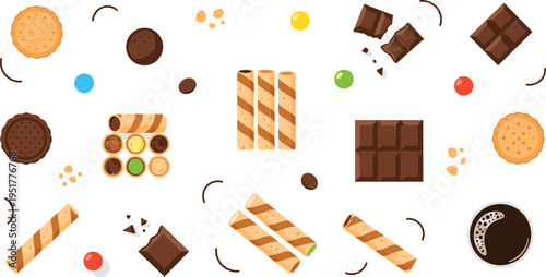 Chocolate Wafer Snack Illustration Set with Cookies, Coffee, Candy Pieces and Crispy Rolls, Sweet Dessert Elements Collection for Food Design