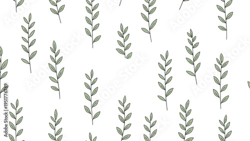 Delicate botanical pattern displays simple green leaf branches with thin stems repeated across a clean white background design.