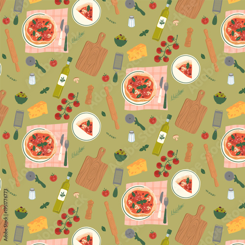 Seamless pizza pattern with italian food ingredients olive oil cheese and tomatoes kitchen background vector illustration