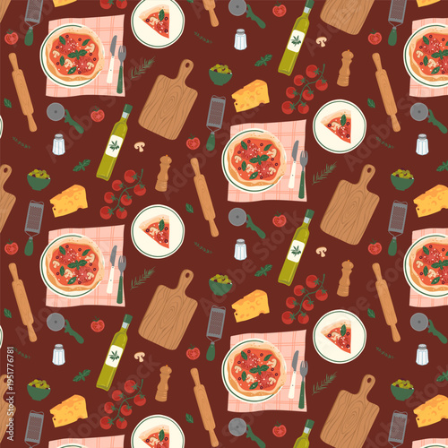 Seamless pizza pattern with italian food ingredients olive oil cheese and tomatoes kitchen background vector illustration