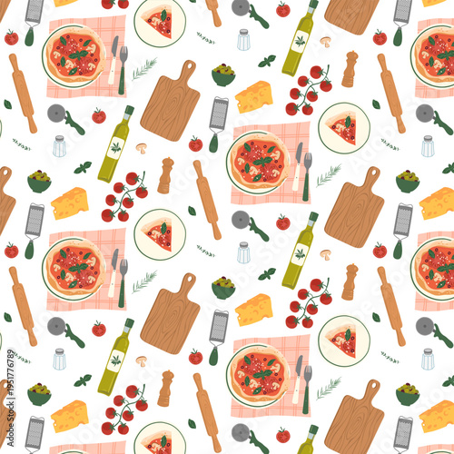 Seamless pizza pattern with italian food ingredients olive oil cheese and tomatoes kitchen background vector illustration