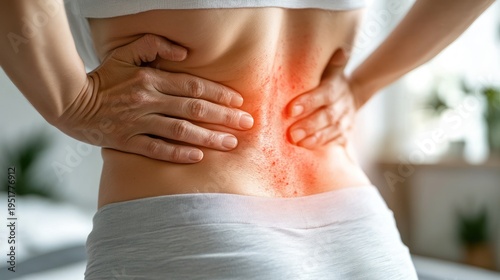 Wallpaper Mural Woman with back pain, showing red rash, bedroom interior, medical image Torontodigital.ca