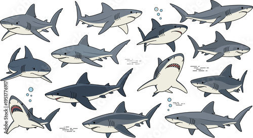 Comprehensive hand drawn vector illustration set of predatory sharks in various swimming and attacking poses with bubbles for marine wildlife ocean nature designs.