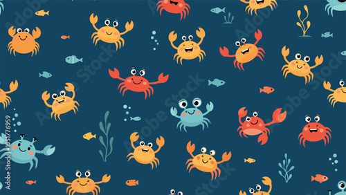 Deep sea pattern showcases colorful cartoon crabs and small fish swimming among bubbles and seaweed on a dark blue background.