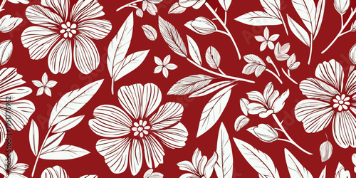 Floral pattern with white flowers and leaves on a red background