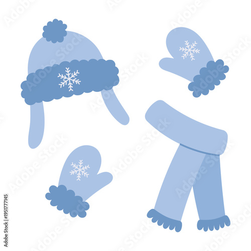 Cute winter accessories set featuring hat, mittens, and scarf with snowflake decor. Flat vector elements isolated on white background. Perfect for seasonal design, holiday branding, kids products