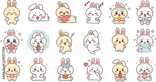 Cute Bunny Cartoon Sticker Set with Kawaii Rabbit Characters, Emotions, Hearts, Sleeping and Food Expressions for Messaging, Kids and Decorative Design