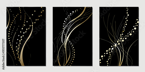 Abstract triptych featuring golden lines and scattered dots on a black background