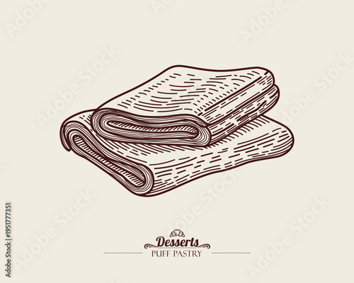 Two Raw puff pastry dough. Pastry butter dough sheets. Line art Illustration, sketch style.