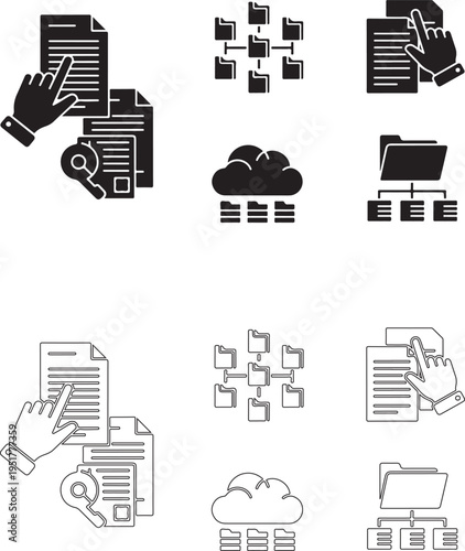 Futuristic document management concept. Hand controlling digital files with connected data system in blue technology background..eps