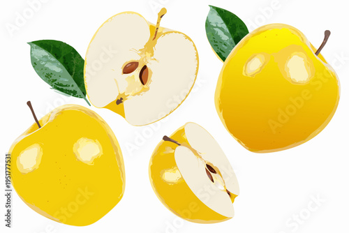 Bright yellow pears whole halved and sliced with green leaves