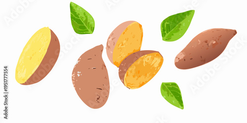 A colorful arrangement of sweet potatoes and fresh green leaves