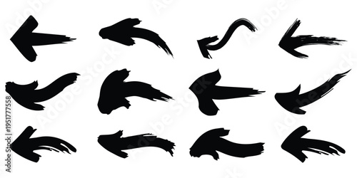  Bold Hand drawn grunge arrow collection vector isolated brush strokes, black arrows vector set, Straight and thick directional arrow symbols set eps 10.