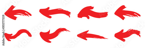 Red brush stroke arrow vector, hand-drawn in a dynamic upward curve. Ideal for indicating growth, direction, and adding a stylish, energetic design element eps 10.