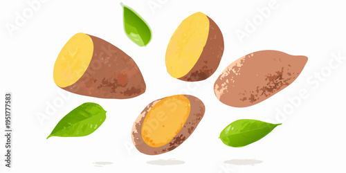 A scattering of almonds with cracked shells and fresh green leaves