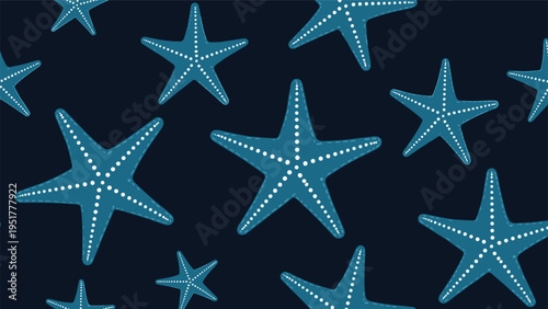 Ocean themed pattern displays numerous blue starfish with white dotted patterns scattered across a dark navy blue background.
