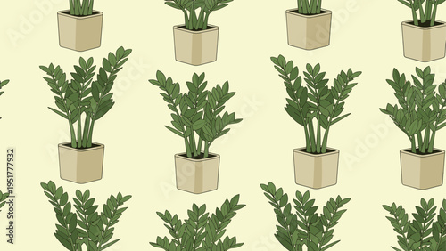 Elegant ZZ plant pattern features rows of dark green foliage in modern square beige pots over a soft yellow background design.