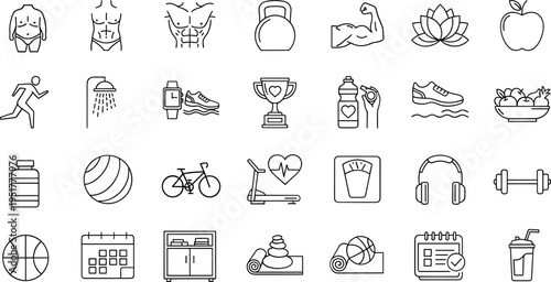 Fitness and healthy lifestyle line icons with gym workout sport nutrition and wellness symbols vector set
