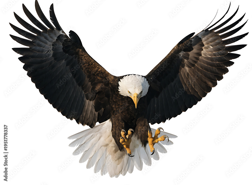 Obraz premium Bald eagle in flight with wings spread wide and sharp talons reaching forward isolated on a plain white studio background